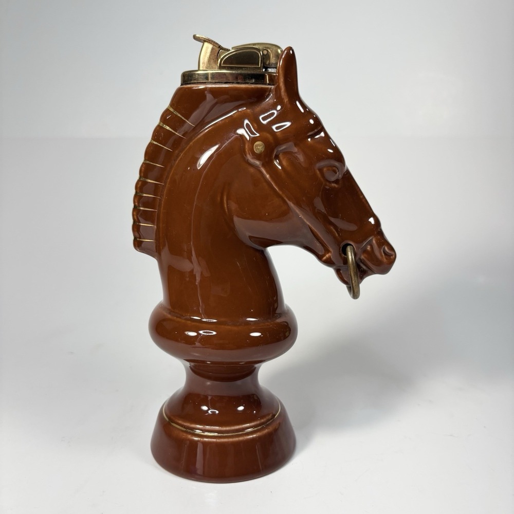 vtg glazed brown Gold  ceramic horse head chess table lighter Not Working - Picture 3 of 7